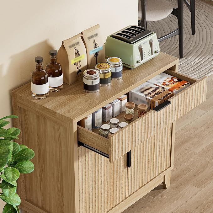 Vabches Fluted Sideboard Buffet Cabinet with Storage, 32" Wide Coffee Bar Console Table with Drawer, Fluted Doors & Adjustable Shelf, Wood Buffet Table for Living Room, Kitchen Dining Room, Oak