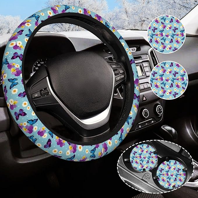 Blue Butterfly Steering Wheel Cover for Women Men with 2 Pcs Car Coasters, Universal 14.5-15 Inch Cute Steering Wheel Covers Non-Slip Car Accessories for Girls