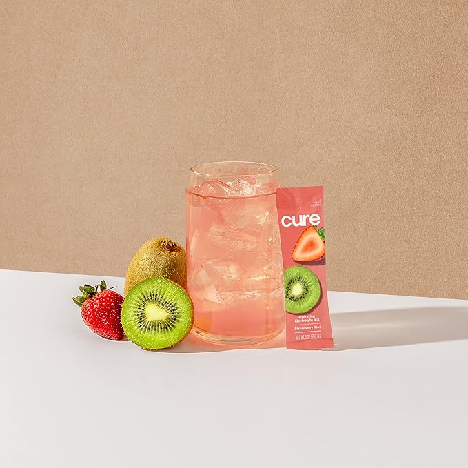 Cure Hydration Plant-Based Electrolyte Drink Mix | No Added Sugar | Dehydration Relief | Coconut Water Powder | FSA-HSA Eligible | Non-GMO, Vegan | 8 Packets – Strawberry Kiwi