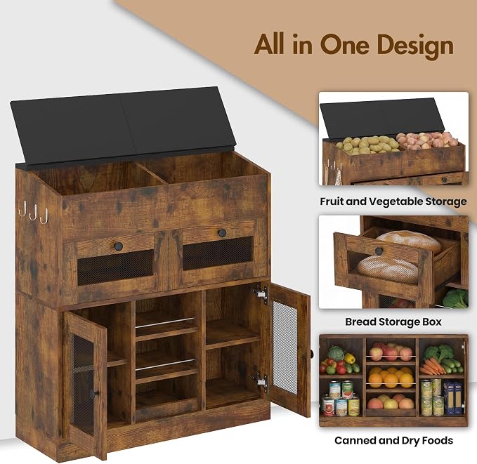 Wooden Potato and Onion Storage Bin with Lid, Potato Bin with 2 Mesh Drawers, 5-Tier Fruit & Vegetable Cabinet with Mesh Doors, Rustic Kitchen Organizer with Adjustable Shelves for Pantry (31.9")