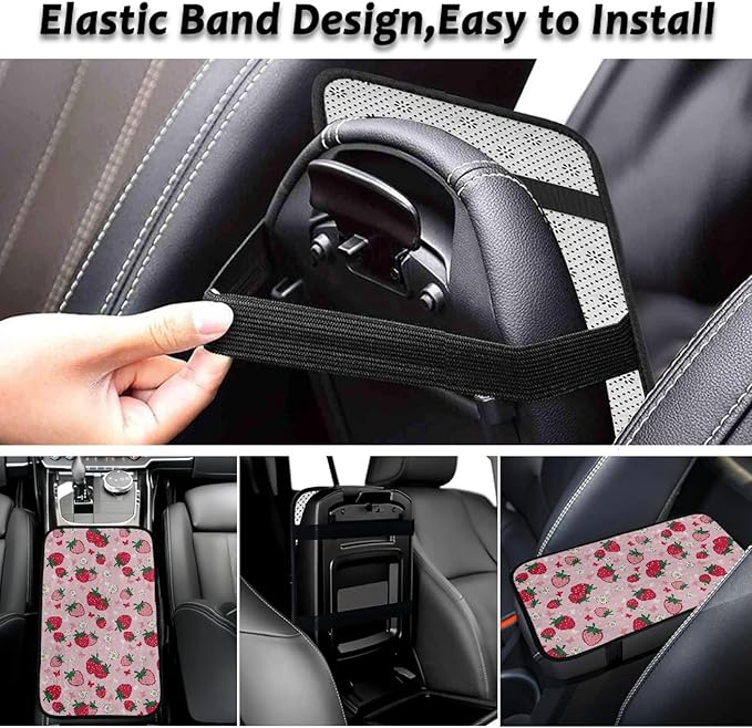 CLOHOMIN Strawberry Center Console Cover for Car Sedan Van Flower Car Center Console Cushion Pad Flannel Auto Armrest Cover Accessories