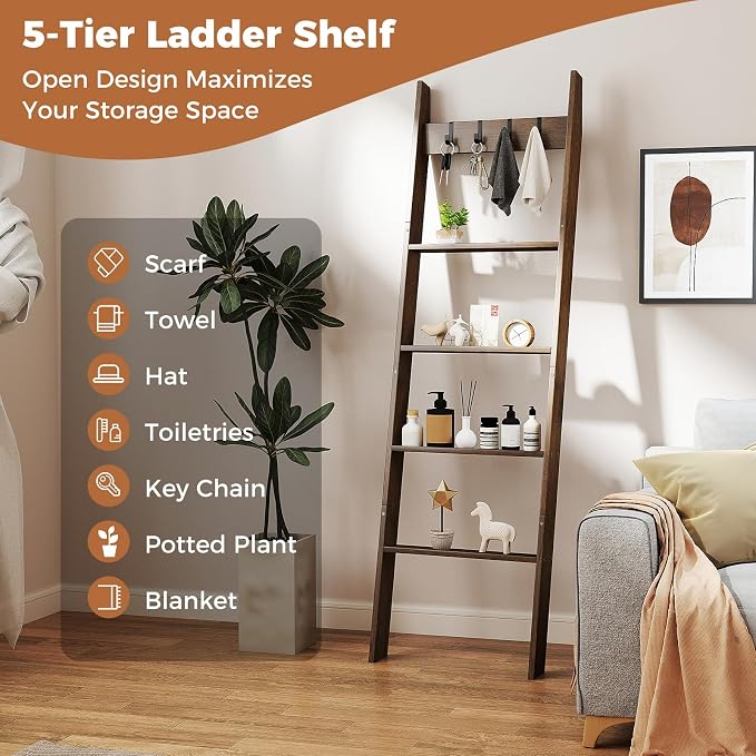 GOFLAME 5-Tier Blanket Ladder, 58.5” Bamboo Decorative Ladder Shelf with 4 Removable Hooks and 4 Deep Rungs, Wall Leaning Farmhouse Quilt Rack Holder for Living Room, Bedroom, Bathroom