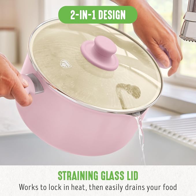 GreenLife 6QT Ceramic Nonstick Stockpot with Glass Straining Lid, PFAS-Free, Dishwasher Safe, Stay-Cool Handles, Oven Safe to 350°F, Wobble-Free Base, Even Heating, Pink