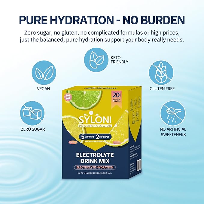 Electrolytes Powder Packets, Lemon Lime 20 Sticks, Sugar Free Hydration Packets Electrolyte Drink Mix with 7 Vitamins and Electrolytes, Keto Friendly, Vegan, Gluten Free