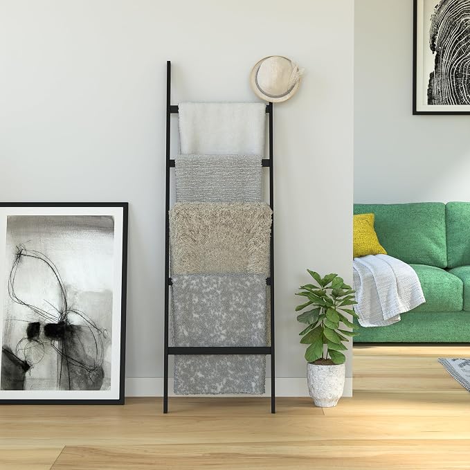 WTZ Bamboo Blanket Ladder, 5-Layer Towel Racks, Blanket Holder with Anti-Slip Construction Home Decor, Decorative Blanket, Quilt, Towel, Scarf Ladder Shelves for Livingroom, Bedroom, Bathroom, Black