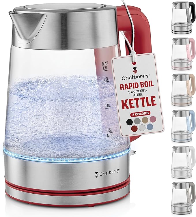 Electric Kettle for Boiling Hot Tea & Water | 1.7L Stainless Steel Borosilicate Glass Boiler With No Plastic, Automatic Shutoff, BPA Free, Fast Heating Technology (Red)