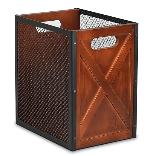 Rustic Office Trash Can - Rectangular Waste Basket with Iron Mesh, 4.5 Gallon Wooden Garbage Can, Bathroom Garbage Bin with Handles, Decorative Trash Can for Home Office Bedroom