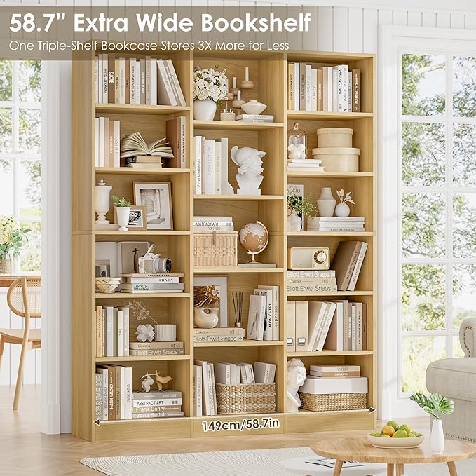 FACBOTALL Triple Wide Bookshelf, 6 Tier Large Bookshelf, Bookcase with 17 Open Display Shelves, 74'' Tall Bookcases and Bookshelves for Living Room, Home Office, Library, Natural