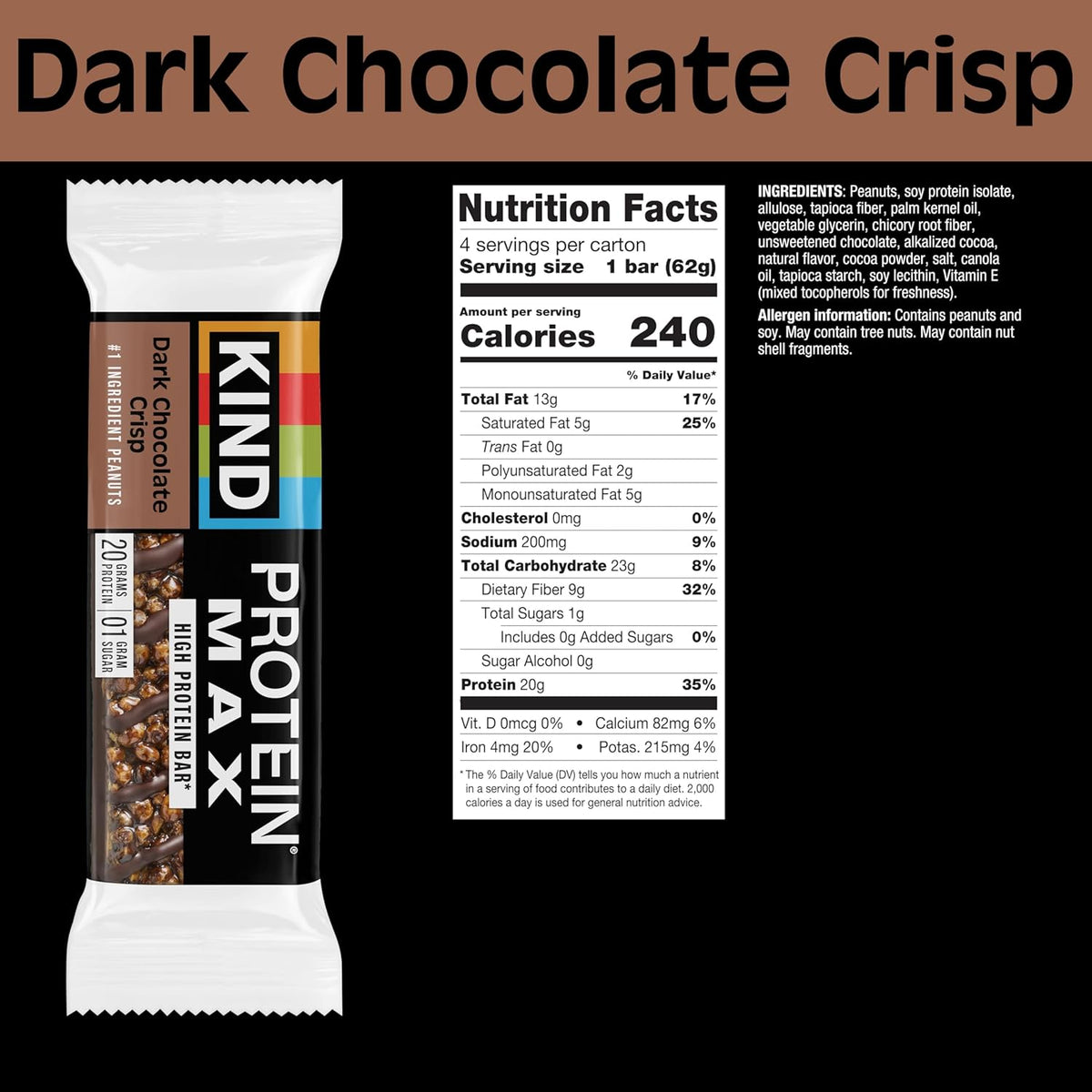 KIND Protein MAX Bars Variety Pack, Gluten Free, Low Sugar, High Fiber Snacks, Crispy Chocolate Peanut Butter, Sweet & Salty Caramel Peanut, Raspberry Cocoa, Dark Chocolate, 20g Protein, 12 Count