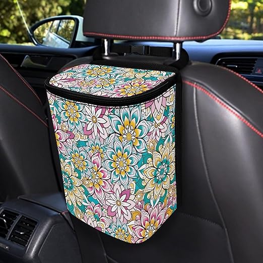 Mandala Flower Car Trash Can Lightweight Vehicle Trash Can for SUV Truck Van Leak Proof Vehicle Trash Can Hanging Car Interior Accessory Universal Fit Most Vehicles Cars SUV