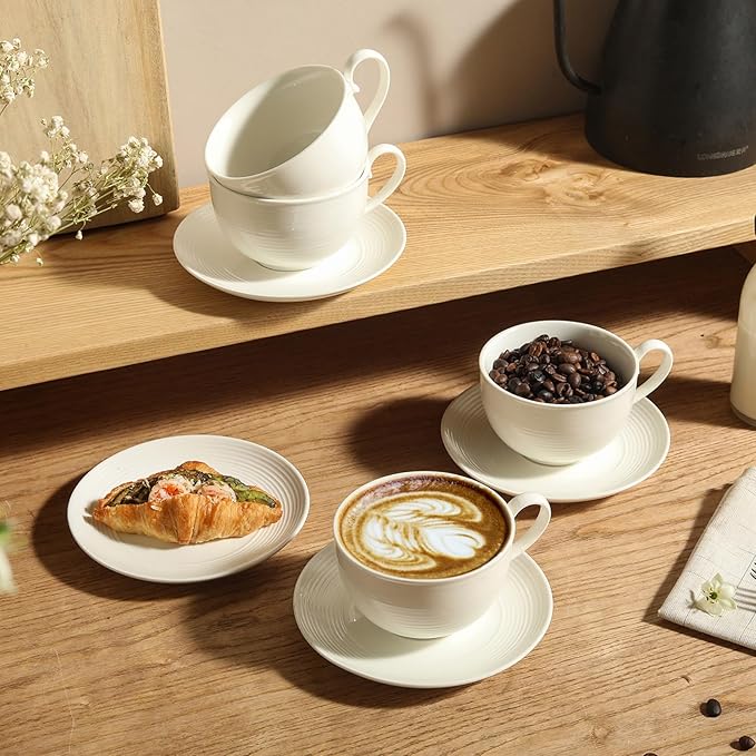 10OZ Porcelain Cappuccino Cups with Saucers, Ceramic Espresso Cups Set, White Coffee Cup and Saucer, White Tea Cup Set, Dishwasher & Microwave Safe, Gift for Anniversary or Housewarming (4PCS) ﻿