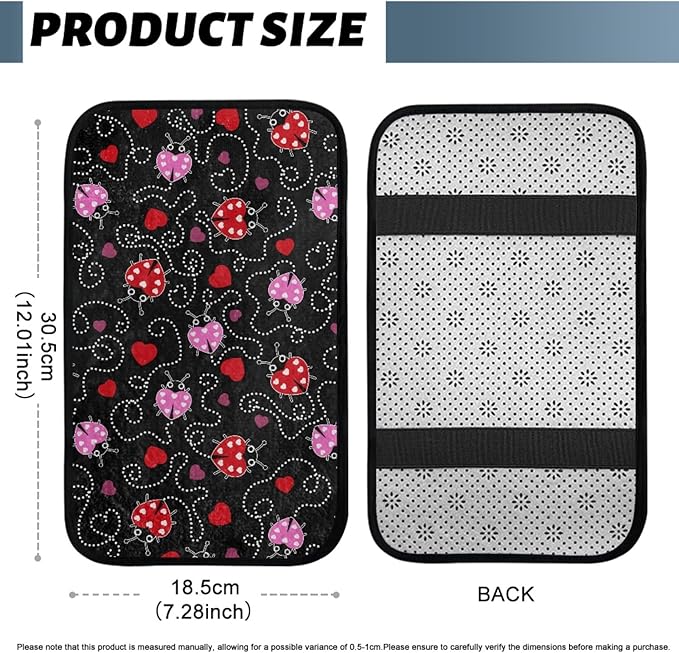 CLOHOMIN Cute Ladybug Car Arm Rest Covers Heart Auto Armrest Pad with Straps Warm Car Accessories Flannel Auto Center Console Armrest Cushion Cover Fit for Most Vehicles
