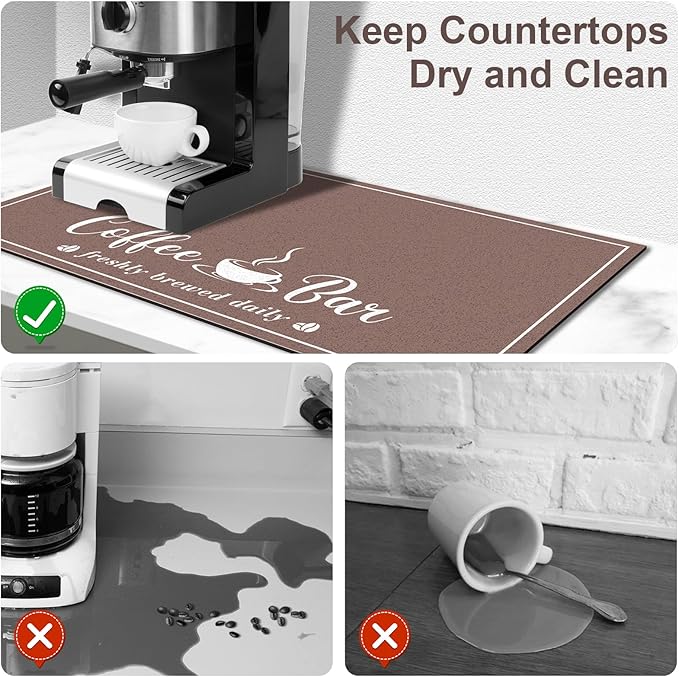 Absorbent Coffee Mat, Fashion Dish Drying Mat for Kitchen Counter Coffee Bar Accessories Espresso Machine Dish Rack 17" x 32" Brown