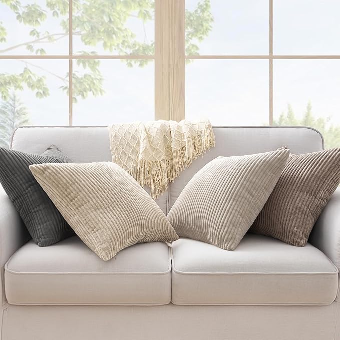 Topfinel 4 Packs Natural Decorative Throw Pillows Covers 22x22 Inch for Living Room Couch Bed Sofa, Rustic Farmhouse Boho Neutral Home Decor, Soft Plush Striped Corduroy Square Cushion Case 40x40 cm