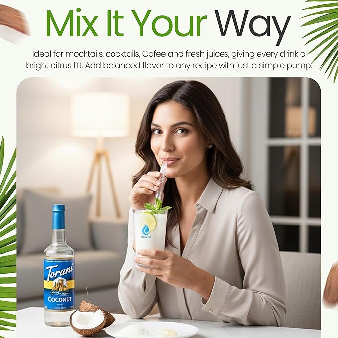 Jimoco Barista Set – Torani Sugar Free Coconut Syrup 25.4 oz, Jimoco Pump, Reusable Cup, Straw & Stirrer – Coffee, Italian Soda & Cocktail Flavoring Kit