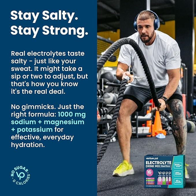 Venture Pal High Sodium Sugar-Free Electrolyte Powder Packets - Hydration Packets with Sodium, Potassium & Magnesium | Zero Calories | Vegan, Keto, and Paleo Friendly | 16 Sticks