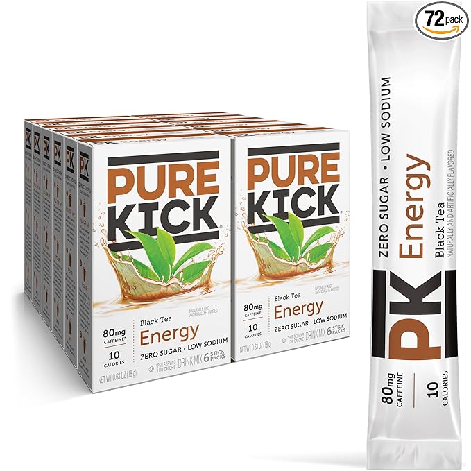 PURE KICK Energy Singles To Go Drink Mix, Black Tea, Includes 12 Boxes with 6 Packets in each Box, 72 Total Packets