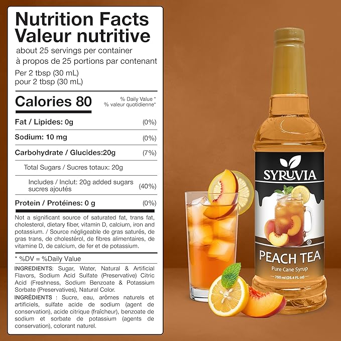 Syruvia Peach Tea Flavored Syrup for Drinks, Cocktails, Lemonades, Iced Teas and Desserts – 25.4 fl oz, With Pump