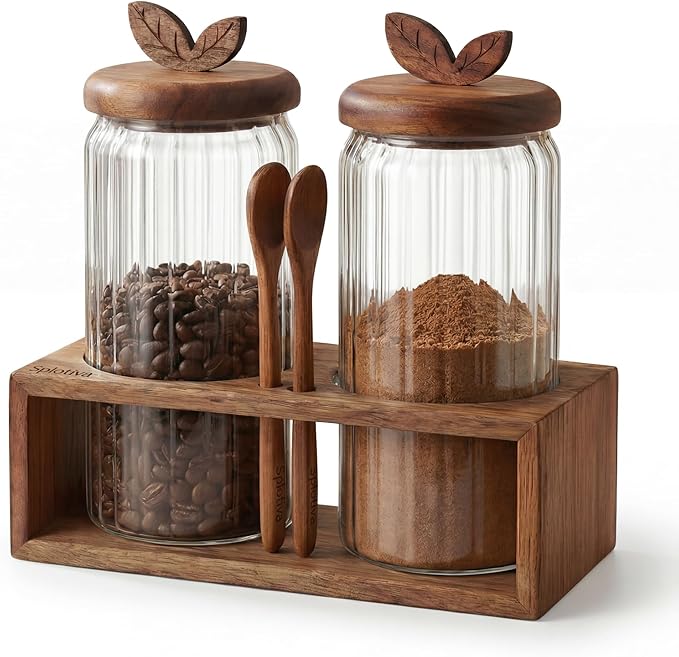 Coffee Bar Glass Canister Set – 2 × 34 floz Airtight Glass Jars with Acacia Wood Lids, 2 Acacia Wood Spoons & Acacia Organizer Tray