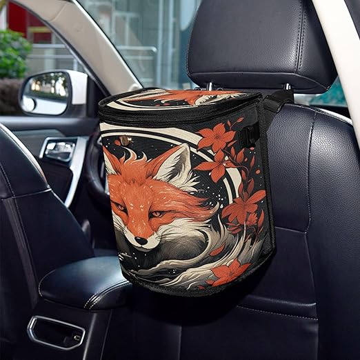 MNSRUU Car Trash Can with Lid, Fox and Flowers Car Trash Bag Hanging Organizers and Storage for Front Back Seat, Leak-Proof Trash Bin