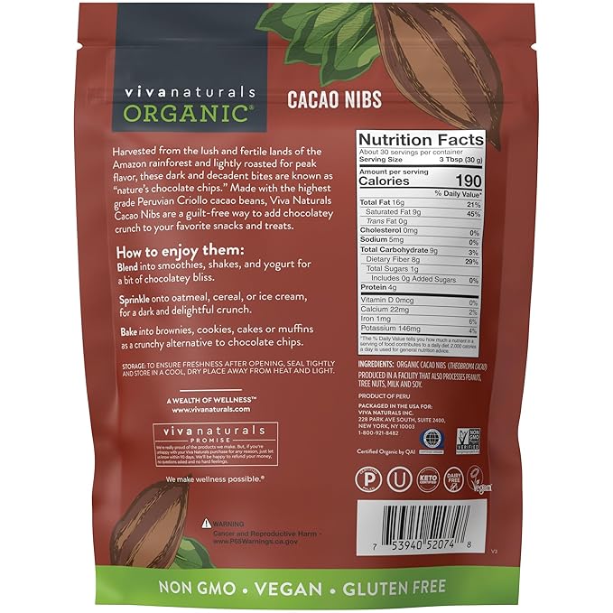Viva Naturals Organic Cacao Nibs, Unsweetened, 2 LB (907 g), Keto Friendly, Vegan, Non-GMO, Gluten-Free Chocolate Chip Substitute