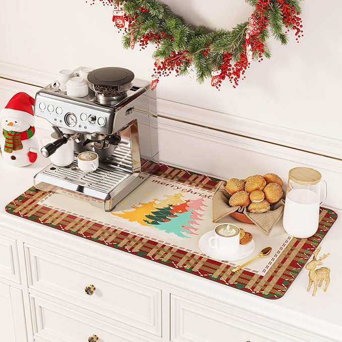 DK177 Coffee Mat - Dish Drying Mat for Kitchen Counter, Hide Stain, Absorbent with Waterproof Rubber Backing, Fit Kitchen Dish Rack Bar Accessories (Christmas Red, 31.5" x 17")