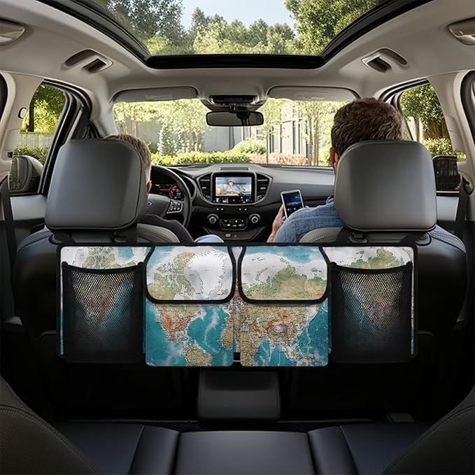 World Map Car Trunk Organizer Backseat Hanging Organizer with Pockets, Super Capacity Storage Solution Decoration for SUVs, Trucks, Vans, and Cars