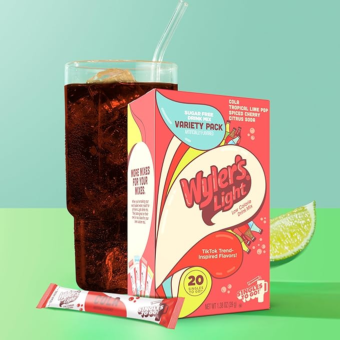 Wyler’s Light Singles To Go Water Drink Mix, Soda-Inspired Flavor Pack, 20 Sticks (Cola, Tropical Lime Pop, Spiced Cherry, Citrus Soda), Sugar Free, Low Calorie