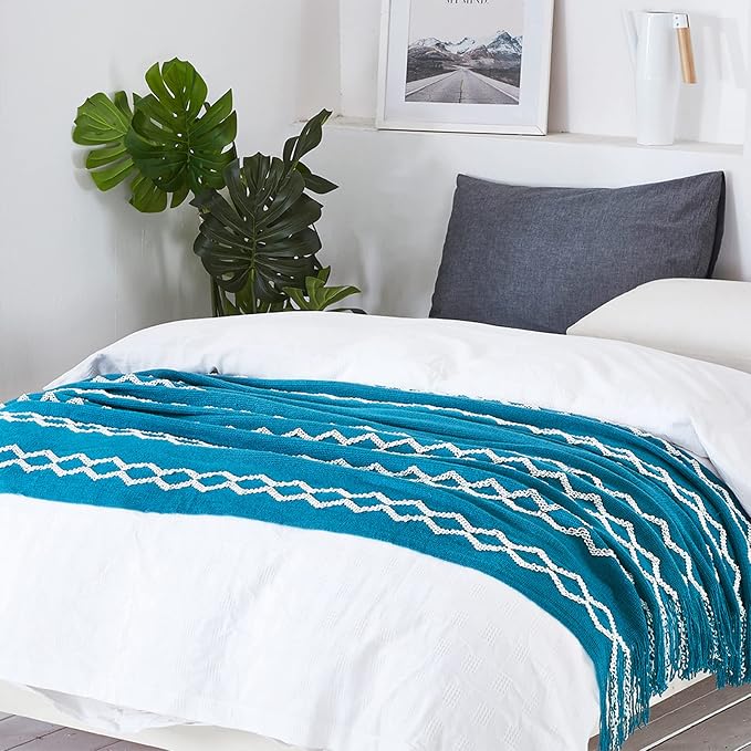 BOURINA Fluffy Chenille Knitted Fringe Throw Blanket Lightweight Soft Cozy for Bed Sofa Chair Throw Blankets Teal 60" x 80"