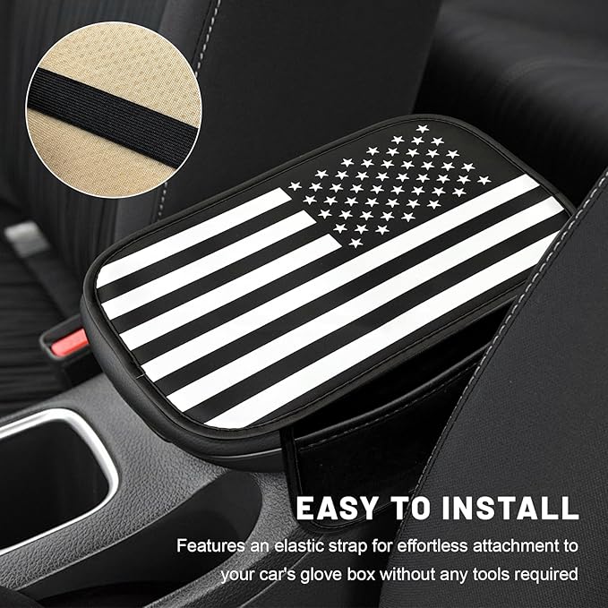 Car Center Console Pad, American Flag Armrest Seat Box Anti-Scratch Interior Protector with 2 Pockets, Patriotic Waterproof Leather Middle Console Cover Cushion for Most Vehicles
