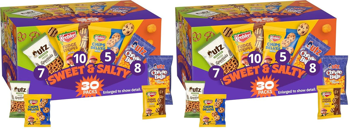 Keebler Sweet & Salty Variety Pack, 30-Count Box, Includes Keebler Chips Deluxe, Fudge Stripes, Utz mini Pretzels and Cheese Balls, 31 oz