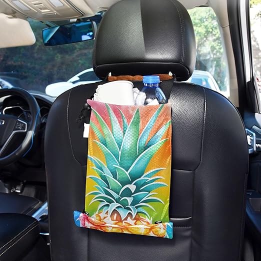 ALAZA Hanging Car Trash Bags Garbage Bag Trash Can for Back Seat Small Colorful Pineapple Washable Storage Bag Retractable 2 Pack