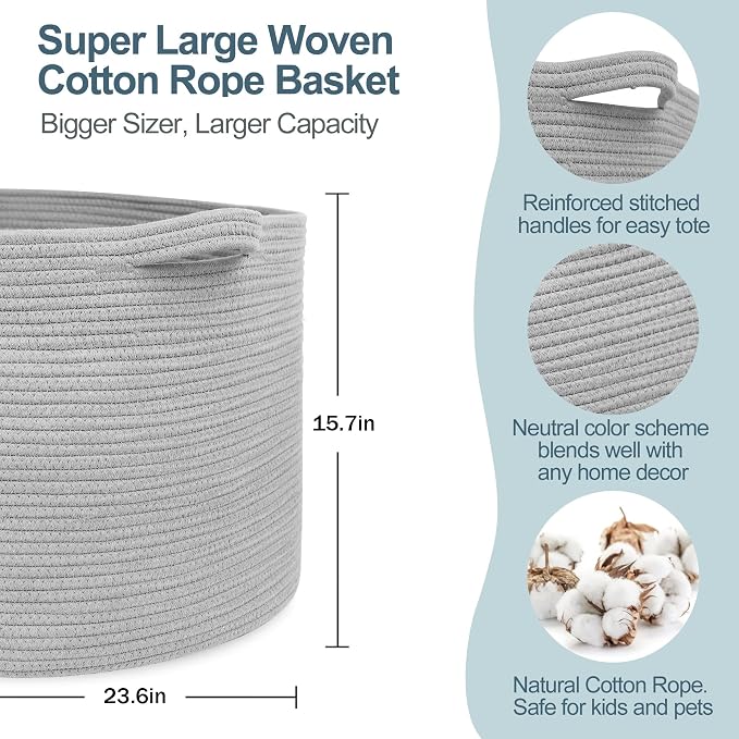 MEGASKET 115L Super Large Gray Blanket Basket, 23.6"x15.7" Woven Cotton Rope Storage Basket for Laundry, Towel, Pillow, Oversized Kids Dog Toy Storage Bin, Grey XXXL Blanket Holder for Living Room