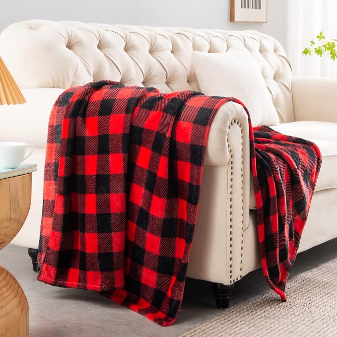BEDELITE Flannel Blanket for Couch, Red & Black Plaid Fleece Twin Blanket, Soft & Warm Buffalo Plaid Decor Gift Blanket for Women, Men, 60"x80"
