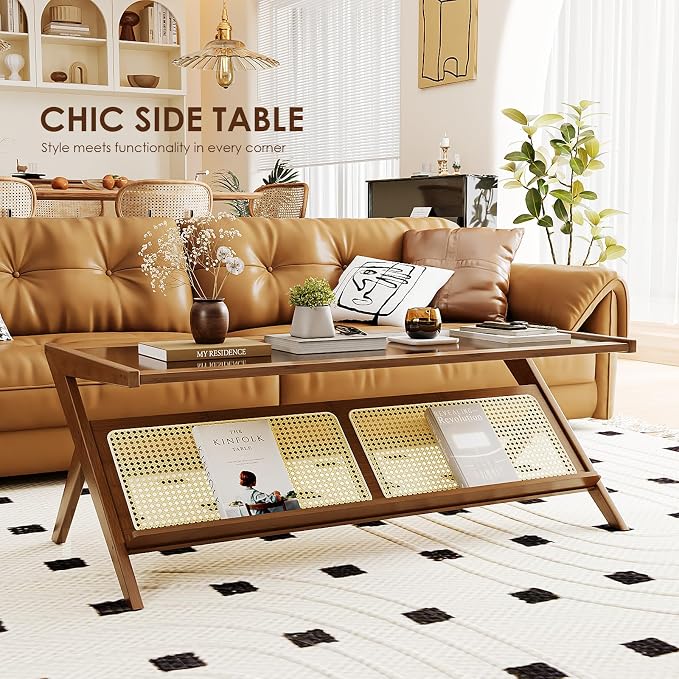 Bamworld Rattan Coffee Table with Glass Top Mid-Century Modern Center Table with Storage for Living Room Table Brown