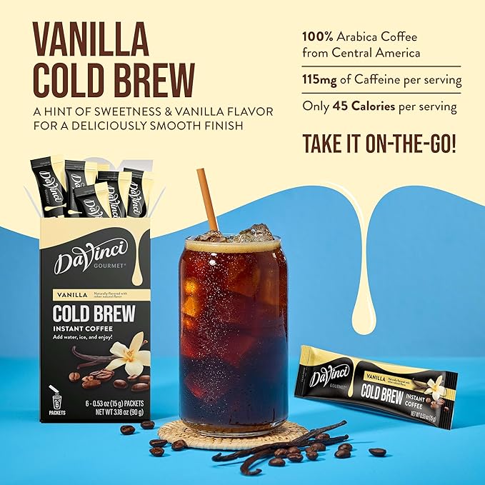 DaVinci Gourmet Vanilla Cold Brew Stick Pack, Instant Coffee Powder, 6 Count (Pack of 1)