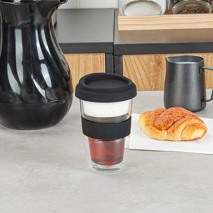Restaurantware Glass Travel Mug 1 Count 14 Ounce Double Wall Borosilicate Reusable Coffee Cup, Spill-Resistant Black Silicone Lid, Clear Drinkware Mug for Hot and Cold Beverages