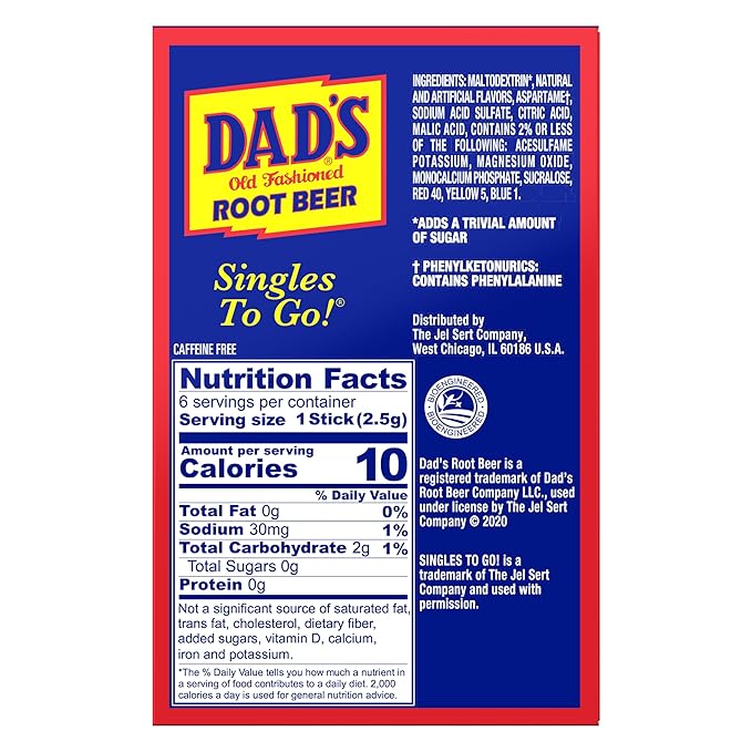 SINGLES TO GO! Dad's Old Fashioned Root Beer - Sugar Free Powdered Drink Mix - 6 Boxes with 6 Sticks Per Box - 36 Total Packets - Low Calorie - 0.53 Ounce (Pack of 6)