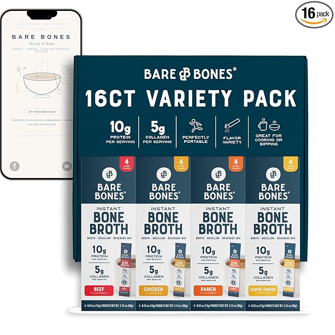 Bare Bones Bone Broth Powder Packets Variety Pack | 5 g Collagen | 10 g Protein | Keto & Paleo Friendly | No Artificial Flavors | Non-GMO, Gluten-Free, Dairy-Free on-the-go 16 Pack + Recipe Guide
