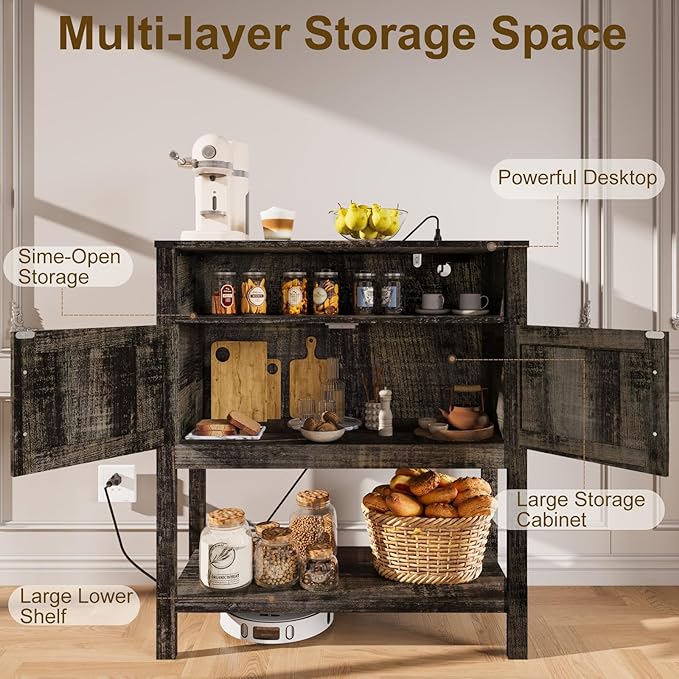 Console Table with Outlets, Farmhouse Coffee Bar Cabinet, 31.5 l x 13.8 D x 35.5 H, Entryway Table with Storage Cabinets for Living Room, Couch, Hallway, Foyer, Kitchen (Dack Grey)