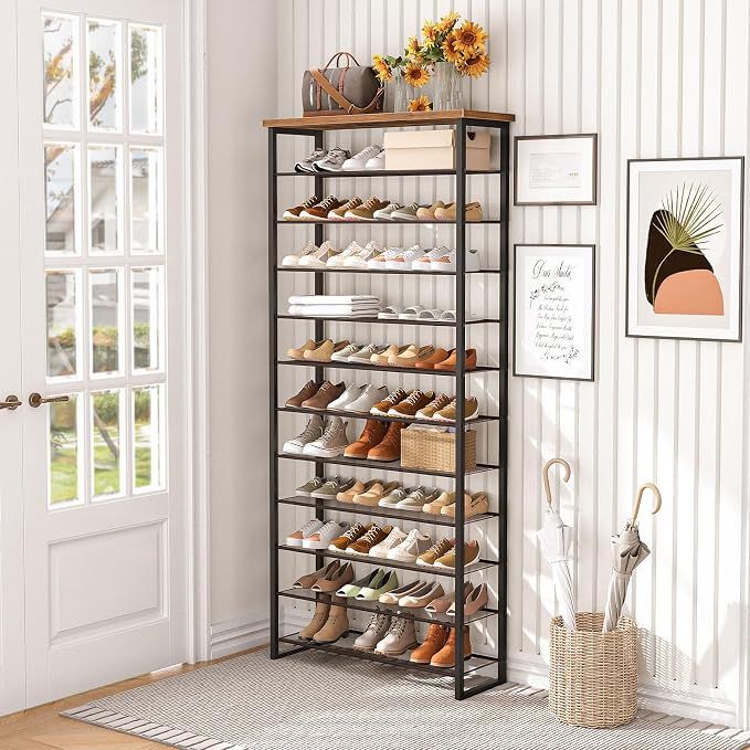 HOOBRO 12-Tier Shoe Rack for Entryway, 29.5" L Shoe Storage Organizer, Large Capacity Shoe Shelf for Closet, Front Door Entrance, Hallway, Holds 36-48 Pairs of Shoes, Rustic Brown and Black BF127XJ01