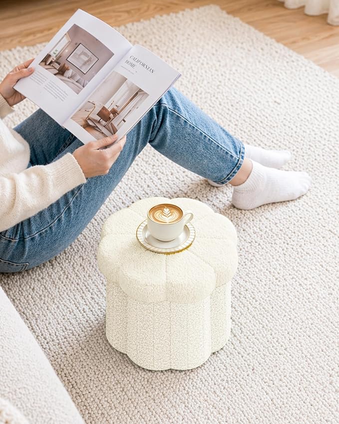 B FSOBEIIALEO Storage Ottoman Foldable, Sunflower Shaped Small Footrest Collapsible Folding Seat Bench for Bedroom Living Room Entryway, Faux Teddy Fur, White 12.6"x12.6"x11.4"