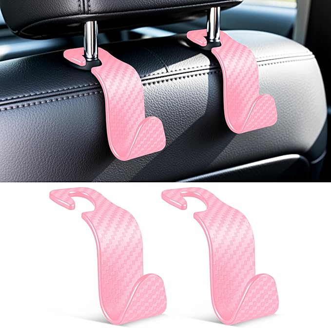 SINGARO Universal 2 Pack Car Seat Headrest Purse Hook, Carbon Fiber Back Seat Hook Storage Organizer Hanger for Purse Handbag Coat, Car Interior Accessories(Pink)