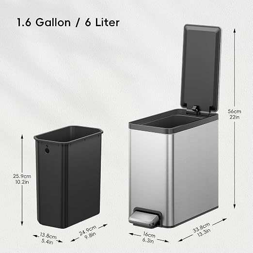 EKO 2 Pack Small Bathroom Trash Can with Lid Soft Close, Step Pedal, 6 Liter / 1.6 Gallon Stainless Steel Garbage Can with Removable Inner Bucket, Waste Basket for Bathroom, Bedroom