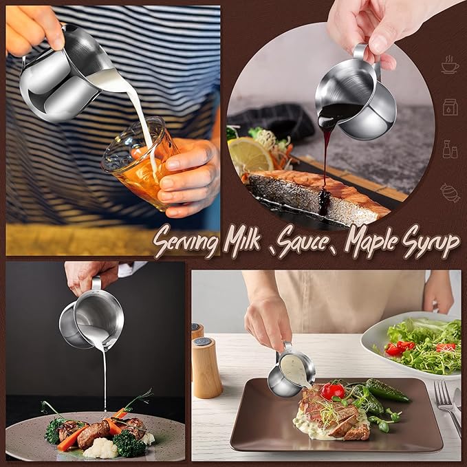 6 Pack Stainless Steel Bell Creamers 3 Ounce Creamer Pitcher Mini Coffee Milk Pitchers with Handle and Pouring Spout Cups for Serving Espresso, Tea, Milk, Maple Syrup, Sauce