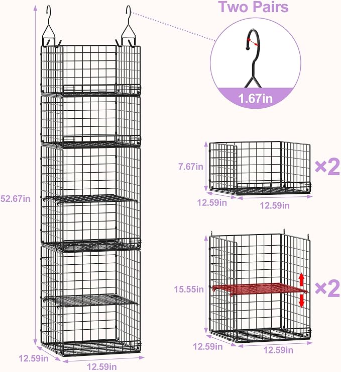 6 Tier Hanging Closet Organizers and Storage Stackable Hanging Closet Shelves with 4 Hooks 2 Adjustable Dividers, Wire Storage Basket Bins for Clothing Purse Sweaters Shoes Socks Dolls, Foldable