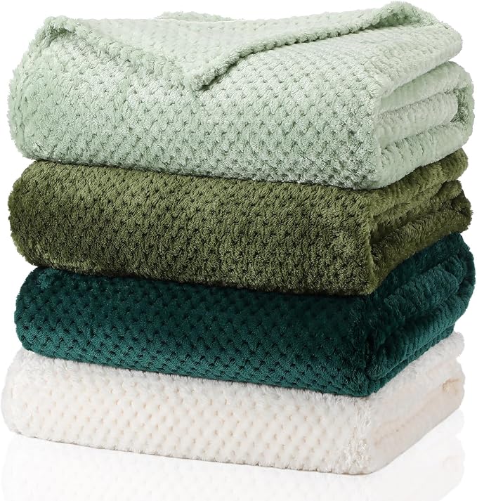 Newwiee 4 Pcs Flanne Fleece Throw Blanket for Bed Couch Large 3D Waffle Textured Soft Blanket Winter Warm Lightweight No Shedding No Pilling Decorative Throw, 50x60 Inch(Gradient Green)