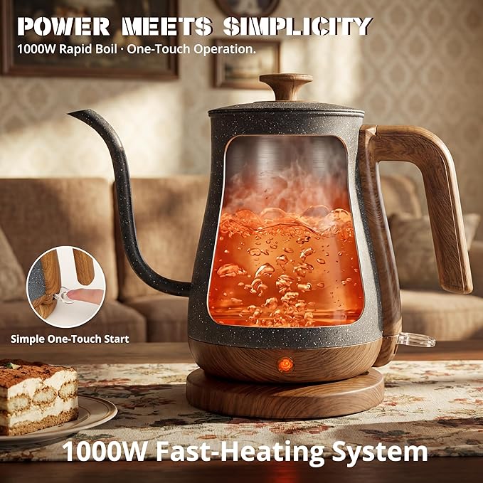Electric Tea Kettle, Electric Kettle Stainless Steel, 1000W Tea Kettle Electric Auto Shut Off, 0.8L, Wood-like Grain Finish Handle, Ice Crackle