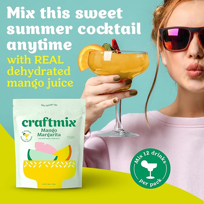 Craftmix Mango Margarita Cocktail & Mocktail Drink Mixer, Skinny Mixes - Water Flavoring Packets - Made With Real Fruit - Vegan, Low-Carb, Low-Sugar, Non-GMO, Dairy Free, Gluten Free, 12 Pack