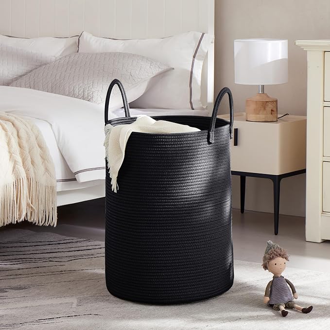 80L Extra Large Black Laundry Hamper Tall Woven Rope Laundry Basket for Clothes Modern Blanket Storage Basket in Living Room Bedroom 16"L x 16"W x 22"H